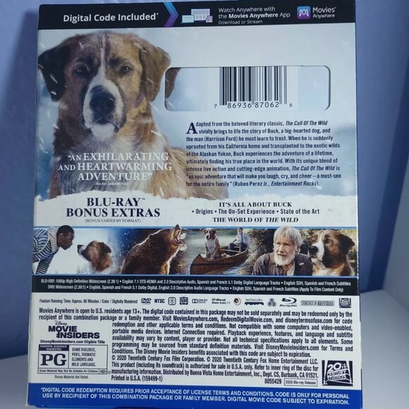 The Call of the Wild Harrison Ford Blu-Ray DVD Digital Combo with Slipcase PG - Picture 2 of 2